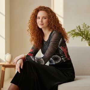 Lana Lee Artsy Black Red Overlay Blouse Top Size M